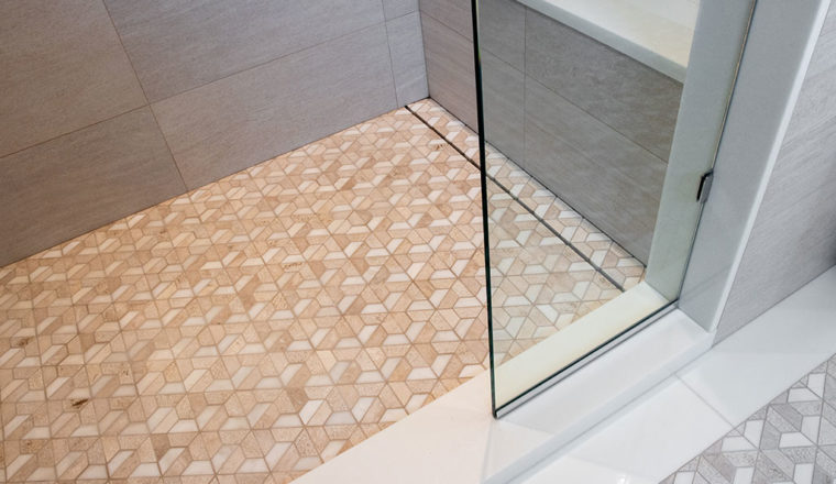 mosaic floors, porcelain walls